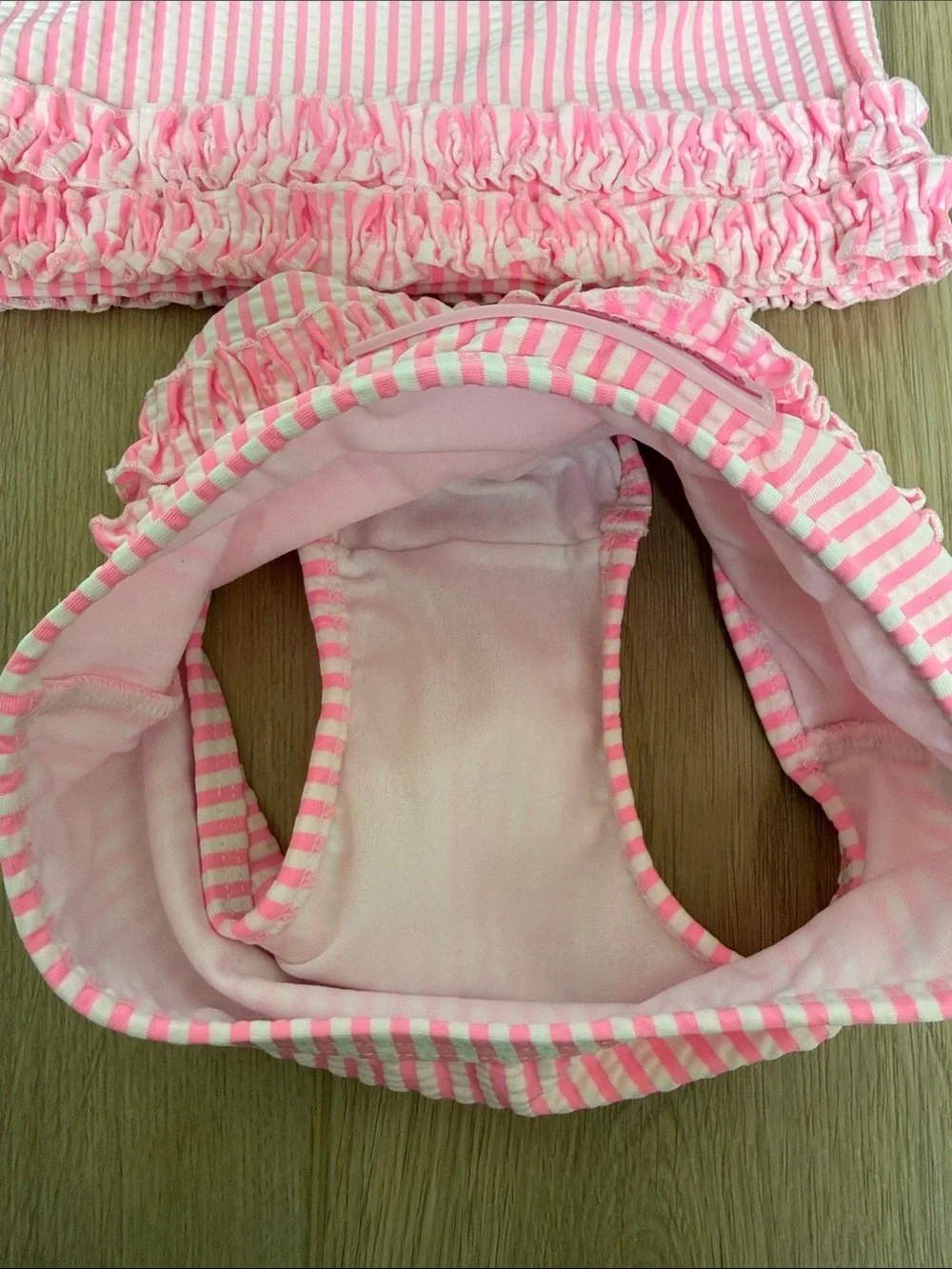 RuffleButts Neon Pink & White Striped Seersucker Rash Guard Swim Set 18-24M